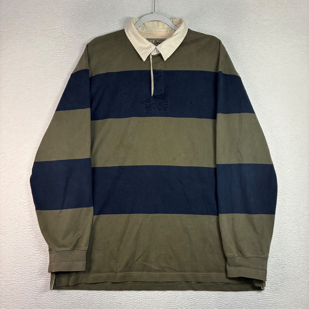 Vintage LL Bean Rugby Shirt Men XL Green Blue Striped Long Sleeve Heavy Cotton